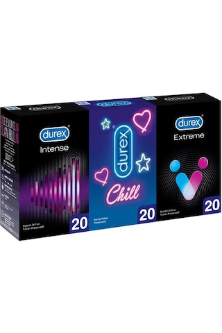 Durex Extreme Geciktricili + Uyarıcı Jel + Chill Karma Paket Prezervatif 20'li