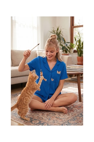 Lela Gömlek Yaka Beli Lastikli Kısa Kollu Şortlu Bayan Pijama Takımı 611Pt00123 Mavi