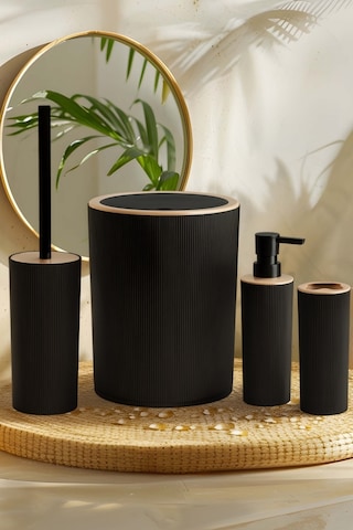 İndecor Houseware Liza 4'lü Banyo Seti Siyah - Çöp Kovası Wc Fırçası Sıvı Sabunluk Diş Fırçalık