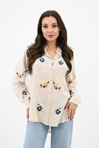 Koza Butik Kadın Nakış İşlemeli Oversize Gömlek 1735-24 001