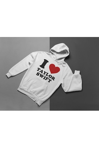 I Love Taylor Swift Baskılı Unisex Oversize Şarkıcı Hoodie Beyaz