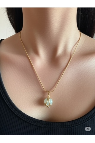 Şık Tasarımlı 45 Cm Gold Renk Çelik Kolye Doğal Taş Detaylı Çok Renkli