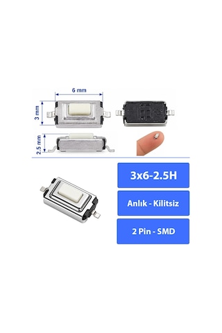 20 Adet 3x6x2.5 Mm Smd Tact Switch 2 Pin Anlık Basmalı Mikro Buton - Beyaz
