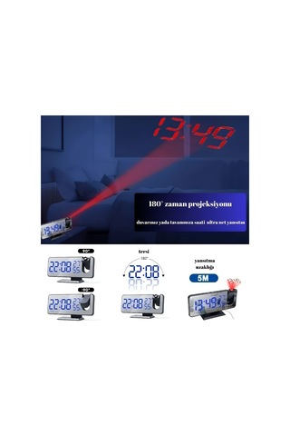 Led Dijital Projeksiyonlu Saat Masaüstü-usb'li Fm Radyolu-4 Parlaklık Mod Siyah