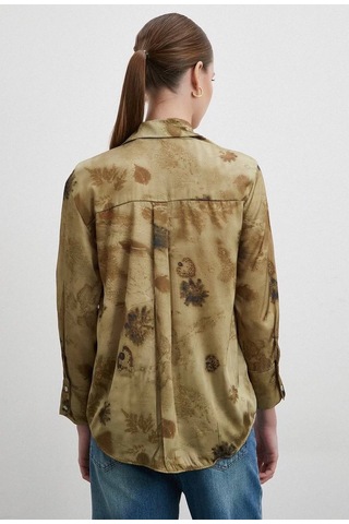 Kadın Uzun Kol Desenli Renkli Pamuk Saten Premium Kalite Spor Şık Gömlek Haki