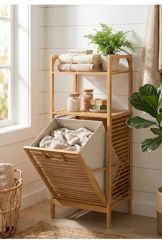 Doğal Bambu Kirli Sepetli 2 Raflı Çok Amaçlı Banyo Düzenleyici Çamaşır Sepeti Organizer Bej