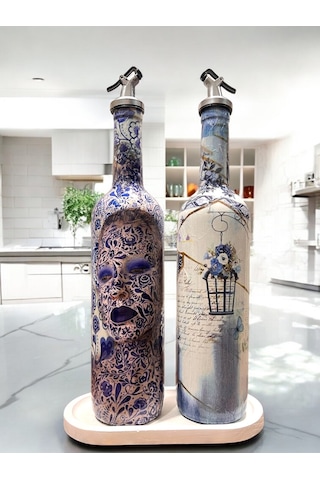 Mavi-beyaz Renkli Seramik Ve Porselen Motifli Vintage Yağdanlık Set, Sosluk, Sirkelik Açık Mavi