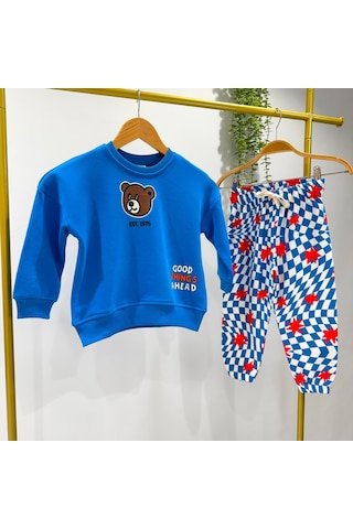Magu Çocuk Ayıcık Baskılı Mavi Sweatshirt Ve Desenli Eşofman Altı Takımı Çok Renkli