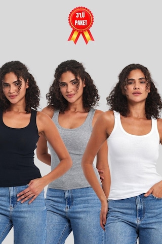 Comeor Kadın Siyah-gri-beyaz Fitilli Görünümlü Askılı Kalın 2'li Basic Atlet Çok Renkli