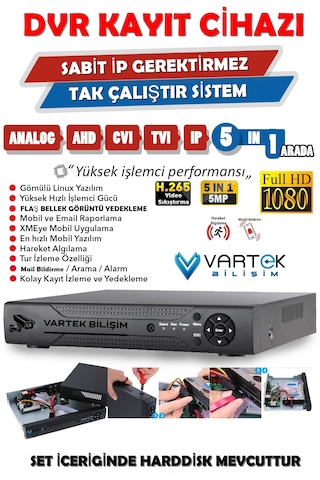 6 Kameralı 500 Gb Hdd 5mp Lensli 1080p Fullhd Kamera Seti - Su Gecirmez- Sabit İp Gerektirmez