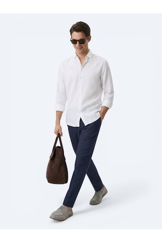 Kip Beyaz Düz Regular Fit Uzun Dokuma Casual Pamuk Karışımlı Gömlek
