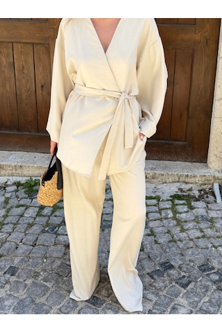 Laluvia Natural Tek Düğmeli Kuşaklı Kimono Takım - 007