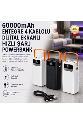 60000mah Entegre 4 Kablolu Powerbank Dijital Ekranlı Led Fenerli Hızlı Şarj Taşınabilir Şarj Cihazı-1206 BEYAZ