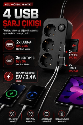Akım Korumalı 3'lü Topraklı Priz 2 Usb-a 2 Type-c 3680w 16a Anahtarlı Duvara Monte Edilebilir Çoçuk Korumalı 1 M