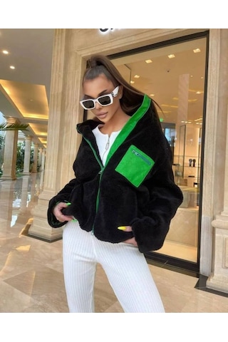 Munn Collection Kadın Uzun Kollu Renkli Cep Ve Fermuar Detay Peluş Mont Siyah