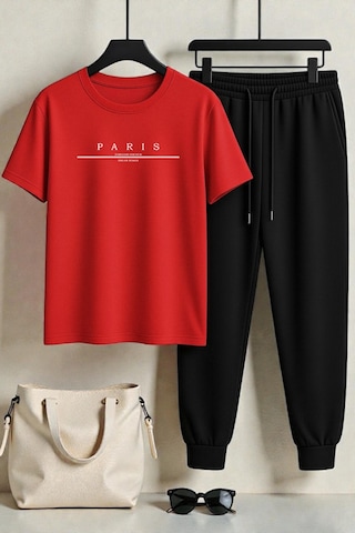 Uyguntarz Unisex Paris Tasarım Baskılı Tişört - 2'li Eşofman Takımı Kırmızı