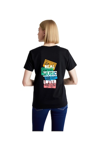 Paybuy Kadın Retro Müzik Baskılı Tişört Kaset Desenli Rahat Kesim Günlük Siyah