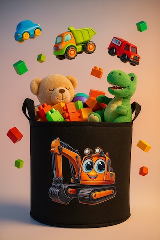 Siyah Keçe Oyuncak Sepeti Çizgi Film Kepçe Desenli, Katlanabilir Kulplu, Çocuk Odası Düzenleyici Siyah