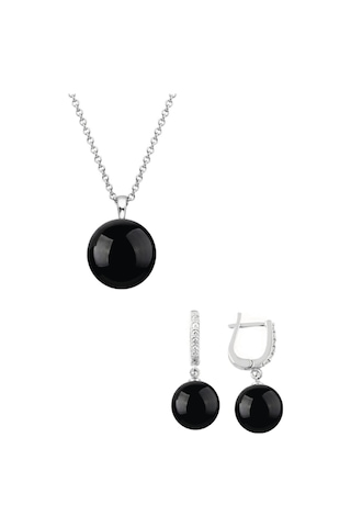 Gümüş Yuvarlak Model Kolye Küpe Siyah Oniks Taşlı Set 8 Mm