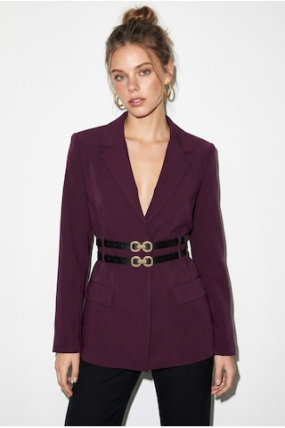 Kadın Astarlı Çift Kemer Detaylı Klasik Blazer Ceket 8151 60286140 - Mürdüm