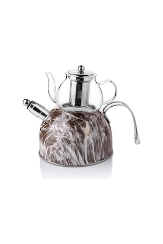 Nishev Mermer Düdüklü Çelik Cam Çaydanlık Takımı Açık Gri Gri