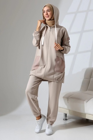 Kadın Taş Rengi Mevsimlik Penye Alt Üst Spor Ve Rahat Ikili Tunik Pantolon Şık Tesettür Takım Taş Rengi