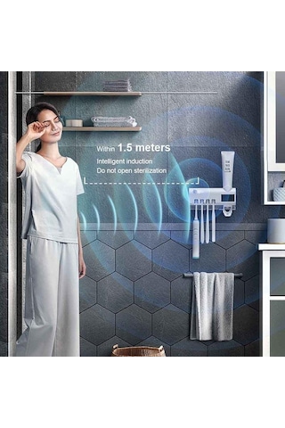 Siyah Mengnı Güneş Enerjisi Uv Diş Fırçası Tutucu Otomatik Diş Macunu Sıkacağı Duvara Monte Diş Macunu Dispenseri Ev Banyo Aksesuarları Siyah