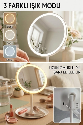 Ledli Yuvarlak Ayna Işıklı Mini Makyaj Aynası 3 Farklı Işık Modu 18 Cm Çok Renkli