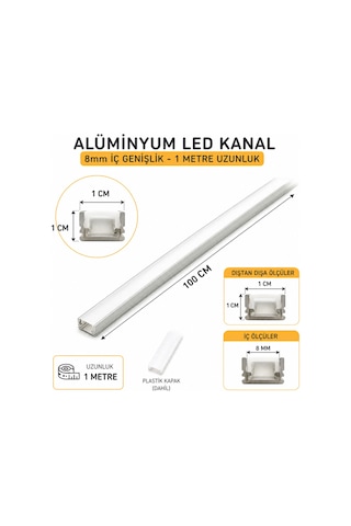 Alüminyum Led Kanal 1m 8mm İç Genişlik 10mm Dış Ölçü Şerit Led Profil Kapaklı
