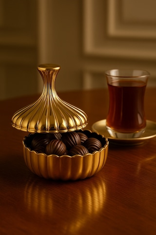 Elta Collection Titanyum Gold Kaplama Cam Şekerlik Lokumluk, Reçellik, Sunumluk 13 Cm Altın