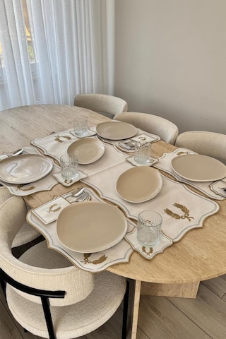 Edalım Keten Nakışlı Amerikan Servis Takımı 19 Parça Krem