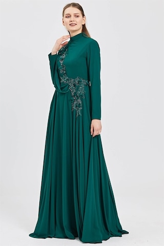 Çiçek Nakışlı, Hakim Yakalı, Şifondan Oluşan Abiye Elbise Zümrüt Zümrüt Yeşili