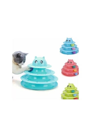 Özel Üretim Dayanıklı Kaymaz Kauçuk Pedli 3 Toplu Eğlenceli 3 Katlı Kedi Oyuncağı Mavi 19,5 Cm X 24cm