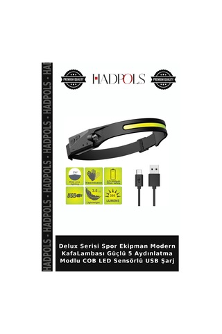 Delux Serisi Spor Ekipman Modern Kafalambası Güçlü 5 Aydınlatma Modlu Cob Led Sensörlü Usb Şarj Çok renkli