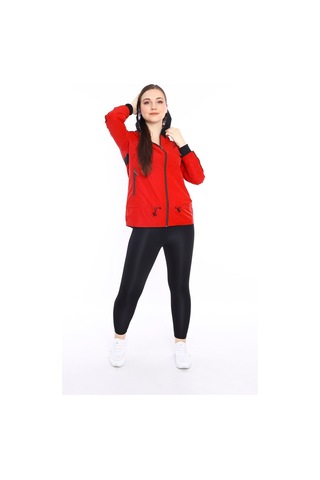 Escetic Kırmızı Kadın Spor Kapişonlu Su İtici Rüzgarlık Fermuarlu İnce Ceket 6560-4153-kırmızı Kırmızı