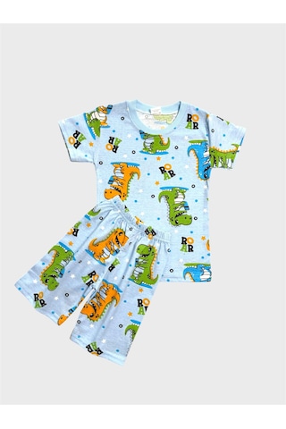 Aliş Kids Erkek Çocuk Pamuklu Mavi Renk Dinozor Desenli Kısa Kollu Şortlu Yazlık Pijama Takımı