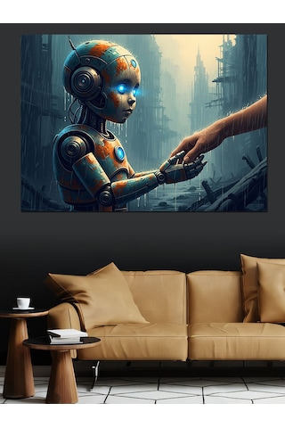 Ahşap Tablo İnsan Elini Tutan Küçük Robot