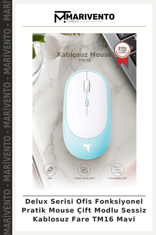 Delux Serisi Ofis Fonksiyonel Pratik Mouse Çift Modlu Sessiz Kablosuz Fare Tm16 Mavi