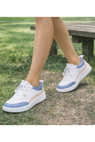 Twoegoist Kadın Hakiki Deri Spor Ayakkabı / Sneakers Beyaz - Mavi - Pembe