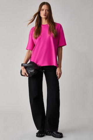 Jemmy Kadın %100 Organik Pamuk Relaxed Fit Yırtmaçlı Yuvarlak Yakalı Pembe T-Shirt