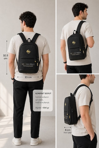 Newish Polo Unisex Minimal Sırt Çantası Laptop Bölmeli Şehir İçi Kullanım - New406 Siyah