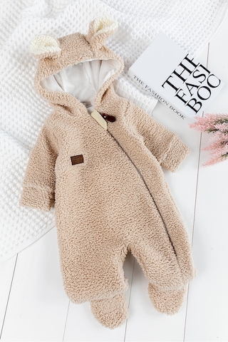 Kapüşonlu Welsoft Peluş Kışlık Kız/erkek Bebek Tulum Bej