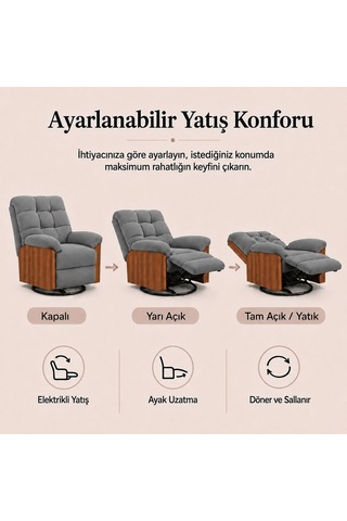 Smarto Relax Porto Tv Koltuğu Ahşap Yan Panelli Döner Ve Elektrikli Döner Sallanan Kontrollü Nefes Alabilir Kumaş Baba Koltuğu Gri