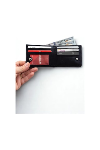 Vegan Deri Cüzdan İsim Baskılı Süper Ince Model 5 Adet Kart Kapasiteli Gizli Çıtçıtlı Kapama Siyah Siyah