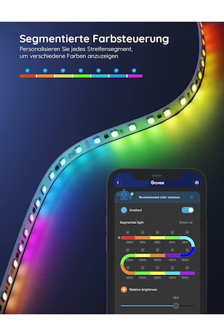 Govee Led Şerit, Rgbıc Led Şerit 20m, Müzik Senkronizasyonu, Segment Kontrolü, Renk Değişimi, 64 Sahne Modu, Uygulama Aracılığıyla Kontrol Edilebilir, Parti, Ev, Yatak Odası, Tv İçin, 2 Rulo 10m Siyah