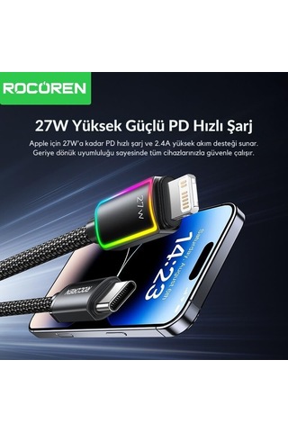 27w Type-c To Lightning Rgb Aydınlatmalı Örgülü Şarj Ve Data Kablosu 1 Metre Diğer