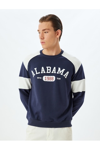 Koton Kolej Baskılı Sweatshirt Bisiklet Yaka Renk Bloklu Pamuklu Lacivert 5wam70181mk Lacivert