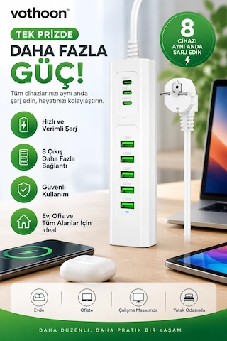 8 Portlu Çoklu Usb Şarj İstasyonu 5 Usb + 3 Type-c Masaüstü Çoklu Şarj Cihazı Aklby-bsva58