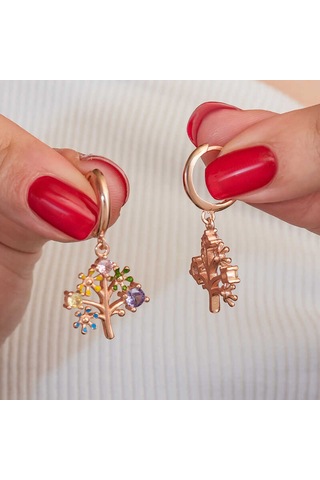 Kenpazar Gümüş Rose Renkli Taşlı Hayat Ağacı Kadın Küpe Gümüş