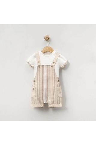 Yazlık Yan Cepli Salopet Bebe Erkek Tulum Bej
